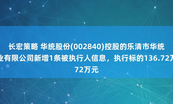 长宏策略 华统股份(002840)控股的乐清市华统牧业有限公司新增1条被执行人信息，执行标的136.72万元